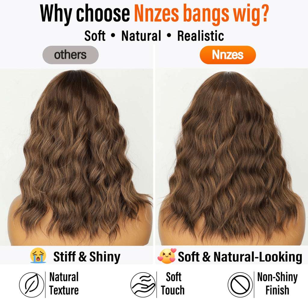 Nnzes Wig with Bangs for Women Shoulder Length Bob Wavy Women's Charming Synthetic Brown mixed Blonde Highlight Wigs with Natural Curly Heat Resistant Hair for Daily Party Use
