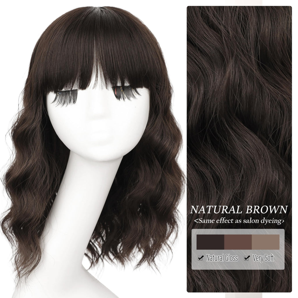Nnzes Wig with Bangs for Women Shoulder Length Bob Wavy Women's Charming Synthetic Brown mixed Blonde Highlight Wigs with Natural Curly Heat Resistant Hair for Daily Party Use