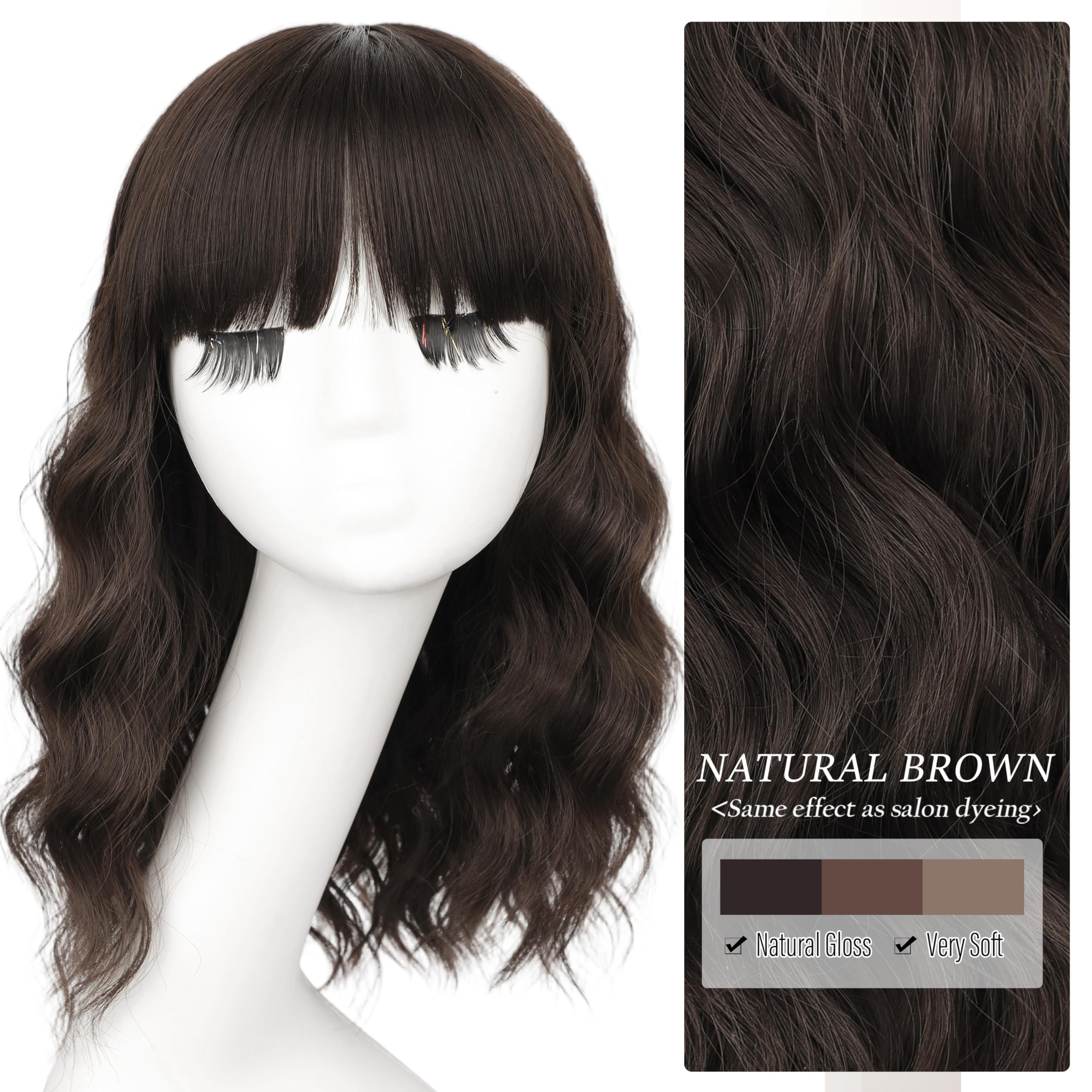 Nnzes Wig with Bangs for Women Shoulder Length Bob Wavy Women's Charming Synthetic Brown mixed Blonde Highlight Wigs with Natural Curly Heat Resistant Hair for Daily Party Use