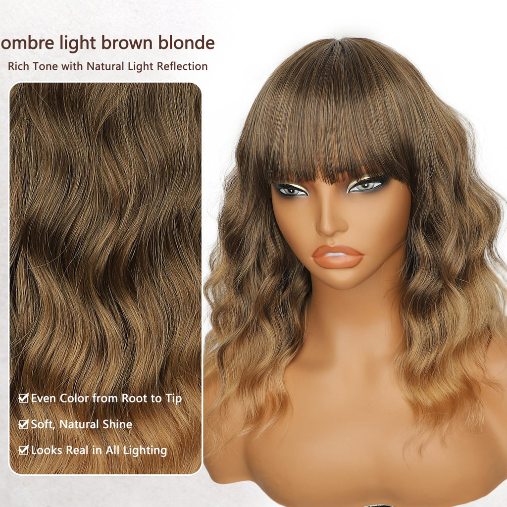 Nnzes Wig with Bangs for Women Shoulder Length Bob Wavy Women's Charming Synthetic Brown mixed Blonde Highlight Wigs with Natural Curly Heat Resistant Hair for Daily Party Use