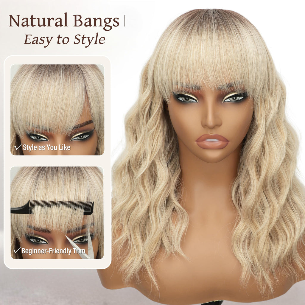 Nnzes Wig with Bangs for Women Shoulder Length Bob Wavy Women's Charming Synthetic Brown mixed Blonde Highlight Wigs with Natural Curly Heat Resistant Hair for Daily Party Use