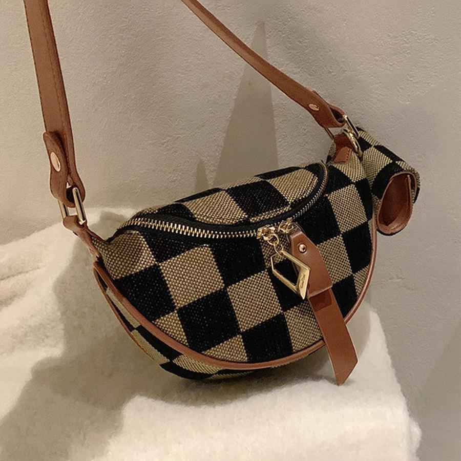 Checkerboard Canvas Crossbody Bag - 2-in-1 Compact Chest Bag & Fanny Pack with Earphone Storage