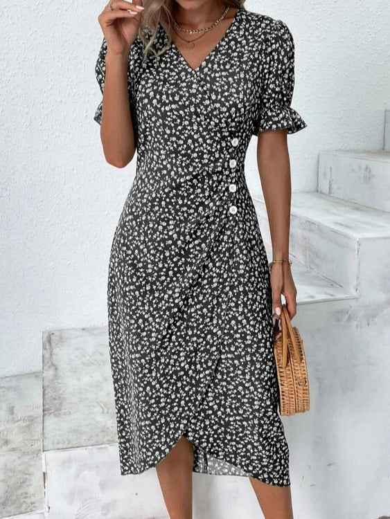 Slim-fit Women's Geometric Collage Bubble Sleeves Irregular hem Dress Sub Female Split Dress Summer Floral dress