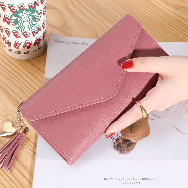 Wallet women's long, fringed three-fold flip clutch bag, simple women's wallet evening
