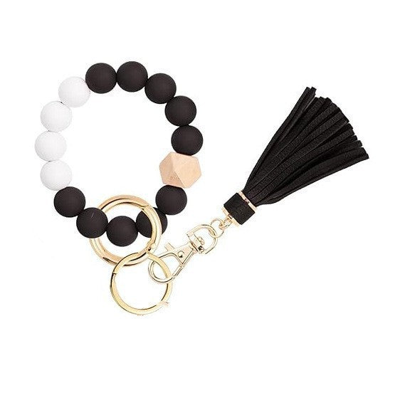 PU Tassel Keychain Bag charm Silicone Beaded Keychain Wristlet Key Ring Bracelet Cute Car Key Chain Holder for Women Girls