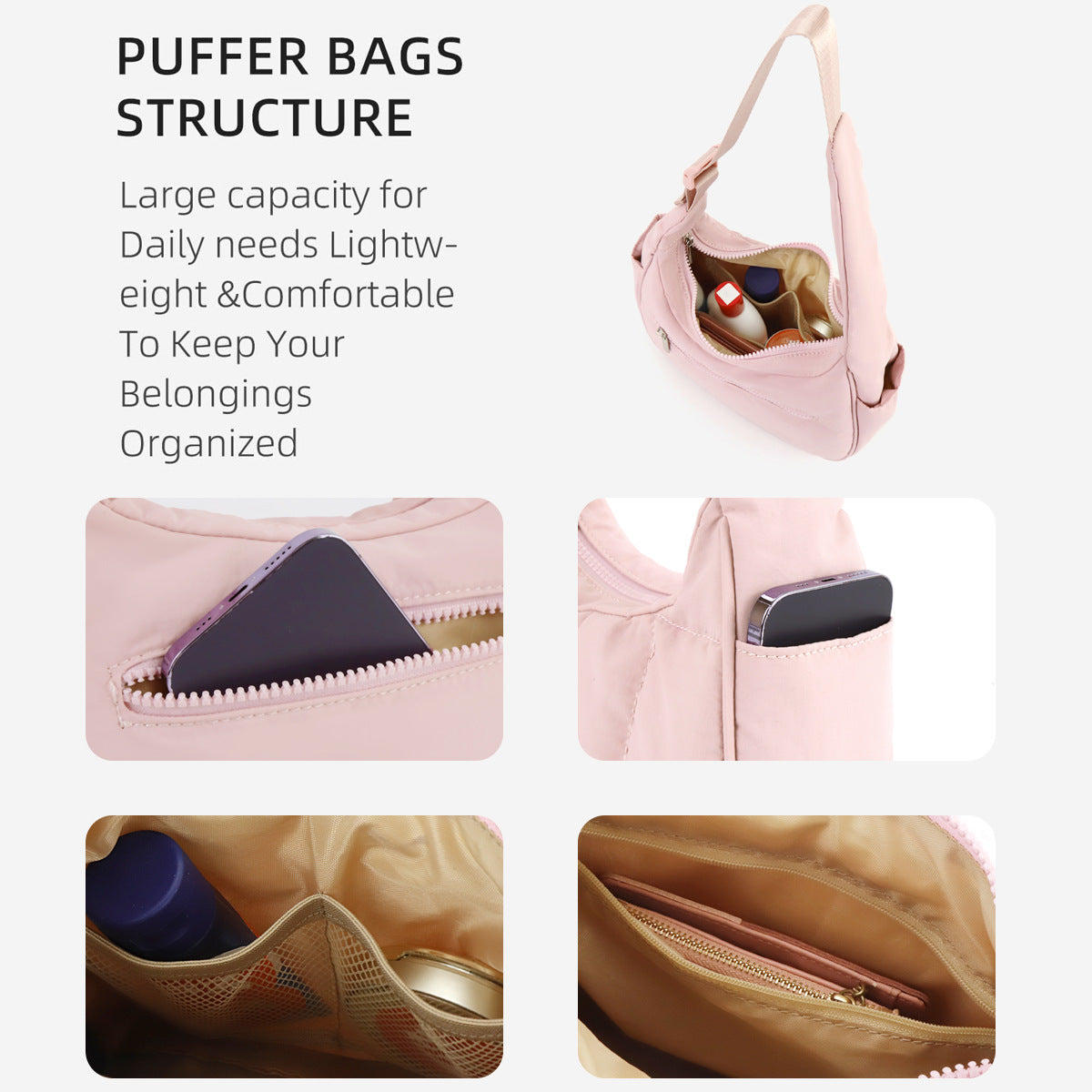 Nylon bag large capacity women's armpit bag, down bag versatile shoulder bag, solid color silk cotton handbag, puffer bag hobo