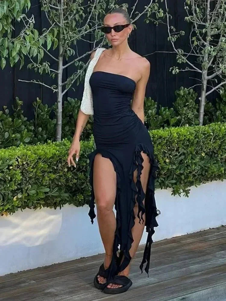 BWQ Long Dresses For Women Slit Sexy Bodycon Sleeveless Jellyfish Dress Hot Girls Fashion Off The Shoulders Maxi Dress Woman