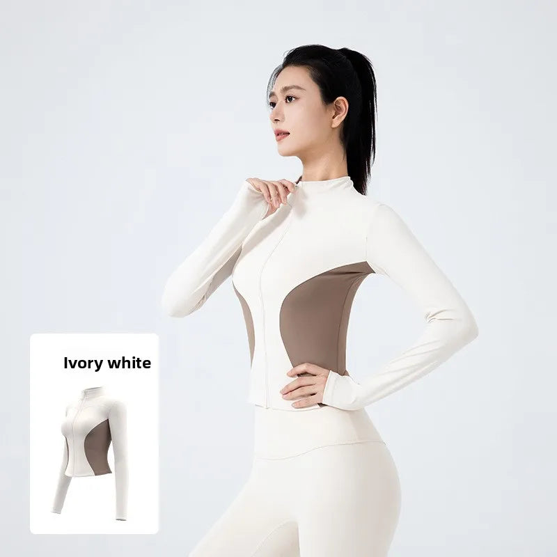 Women's Stand Collar Color Block Fitness Cardigan Trendy