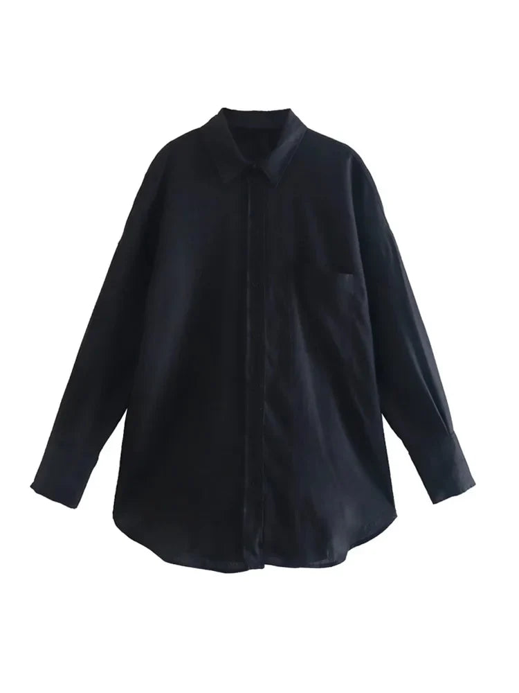 Women's Oversized Linen Shirt - Vintage Long Sleeve Pocket Blouse